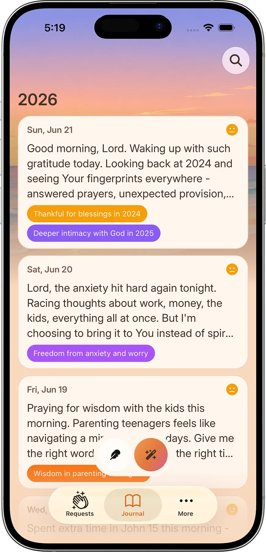 The Faithful app showing a prayer journal of recent entries