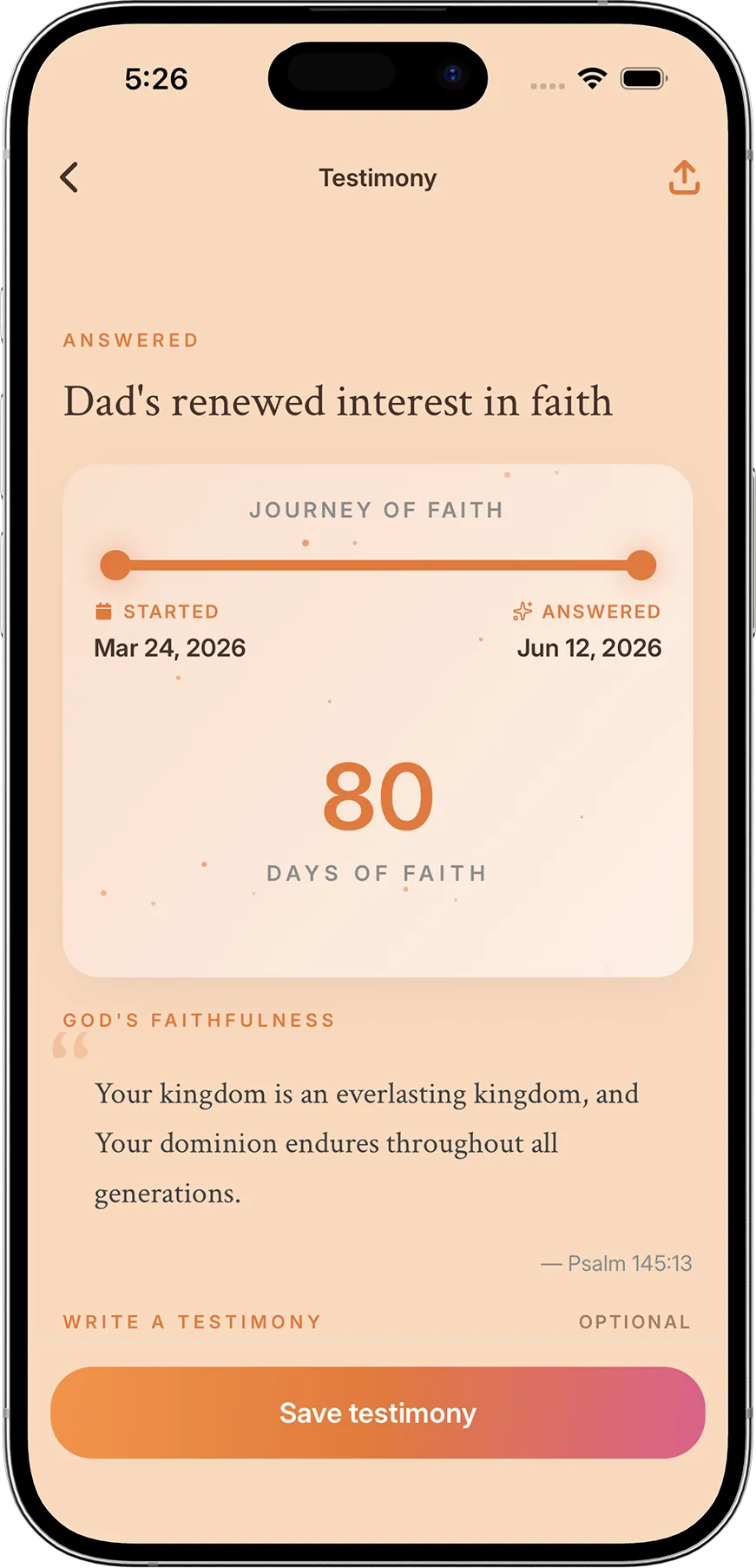 Faithful's testimony screen — a Journey of Faith timeline for an answered prayer